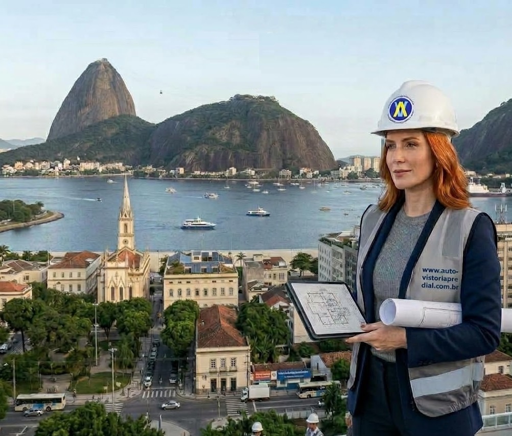 Vista da Enseada de Botafogo e edifícios residenciais com Pão de Açúcar ao fundo, ilustrando serviço de Autovistoria Predial no Rio de Janeiro.